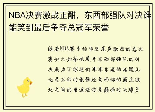 NBA决赛激战正酣，东西部强队对决谁能笑到最后争夺总冠军荣誉